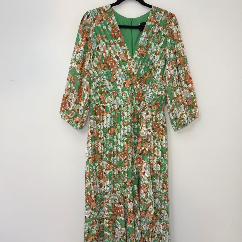 Maison Tara Green Floral Pleated Maxi‎ Dress V-Neck 3/4 Puff Sleeve Belted - Picture 2 of 12